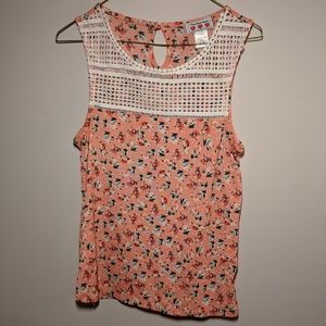 Peach floral and crochet sleeveless blouse